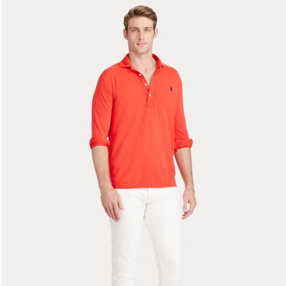 Polo Ralph Lauren Men's Featherweight Mesh Shirt Tomato Orange Navy Logo Size XL